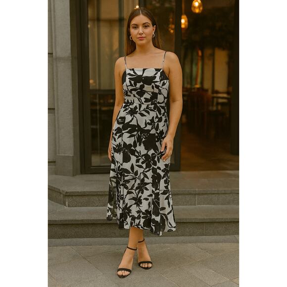 CDC Black White Floral Spaghetti Strap Midi Dress Women’s Size 9 Party Evening - Picture 1 of 5